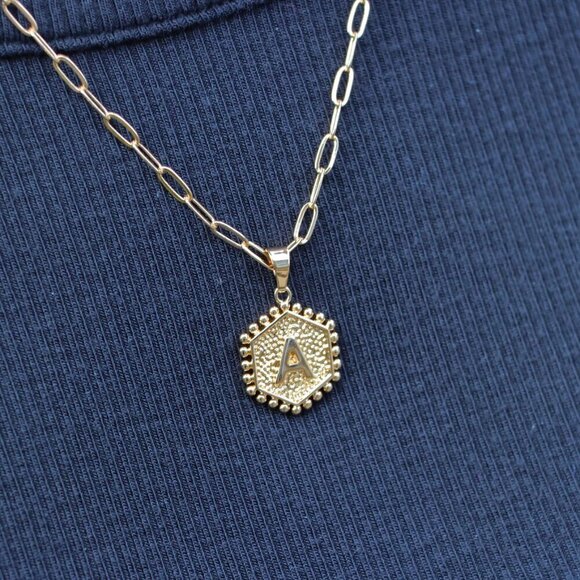 😍2 LAYER GOLD LETTER INITIAL COIN HEXAGONAL PENDANT  DAINTY NECKLACE, ELDM22335 - Picture 9 of 15